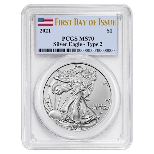 2021 $1 1-oz T2 American Silver Eagle PCGS MS70 FDI Flag Label