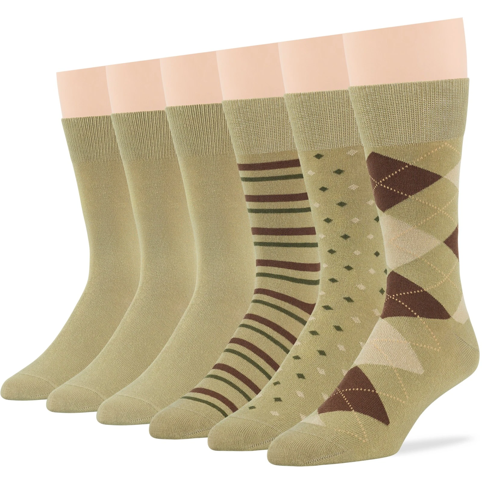 Men's Cotton 6 Pack Dress Solid Argyle Dotted Striped Socks Large 10-13 Khaki