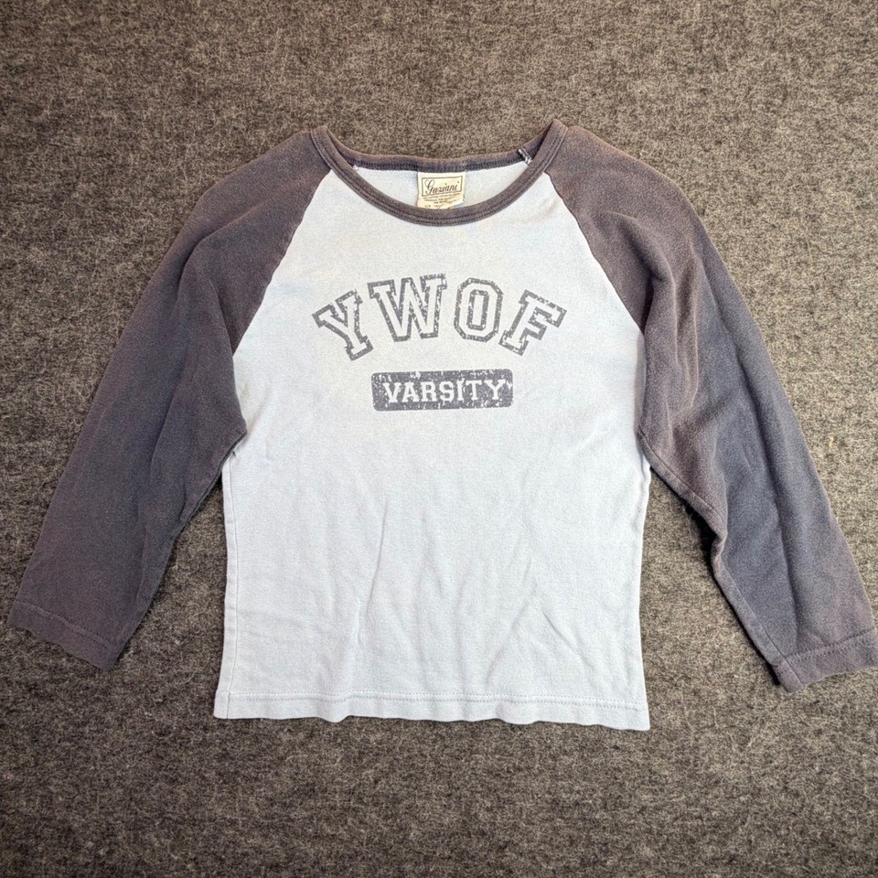 VTG Gaziani Raglan Graphic Tee Women Medium Blue Gray YWOF Varsity Made in USA