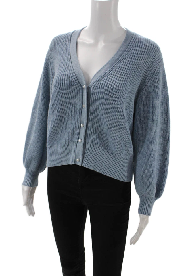 Cárdigan acanalado de algodón de otoño de cachemir para mujer con cuello en V azul talla M Foto 2 de 4