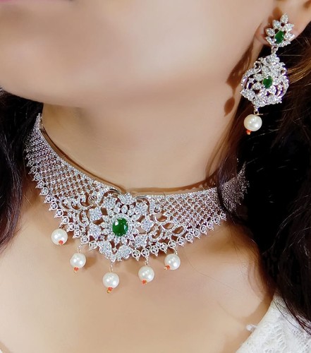 Indian Bollywood Silver AD CZ Bridal Necklace Set For Girls Women Party Wear