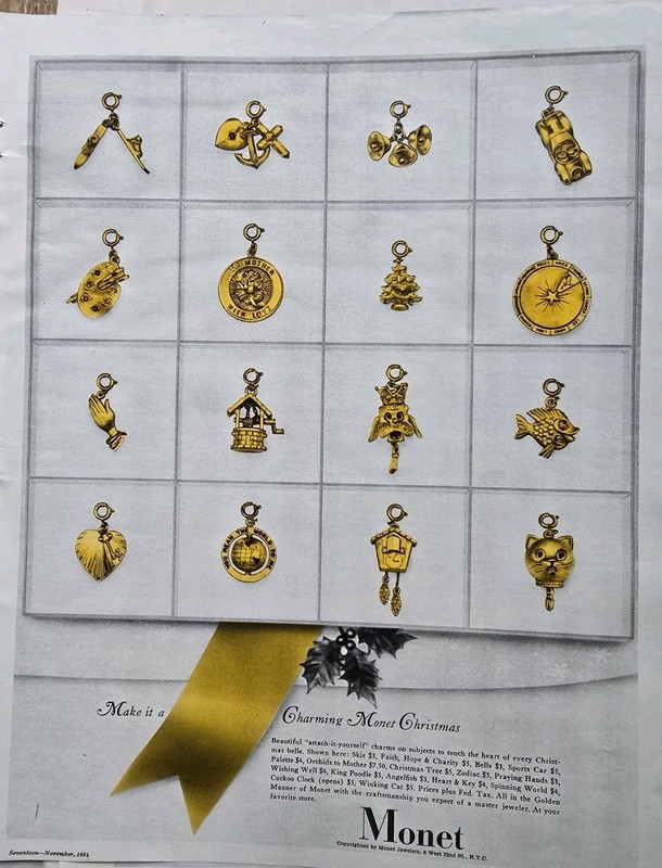 1964 Make it a Charming Monet Christmas gold jewelry charms Vintage Ad 