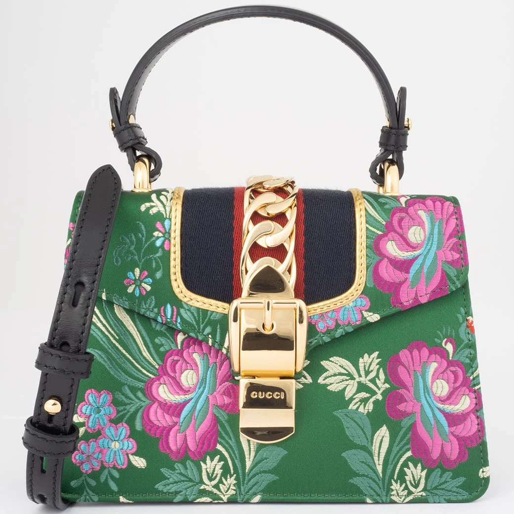 Sac à main GUCCI Sylvie brodé cuir vert 472107 satin 2 voies épaule 255