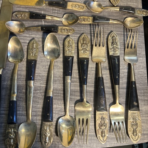 49 Antique Silverware Bronze Brass Rosewood Handle Flatware Siam Thailand SBF - Picture 3 of 18