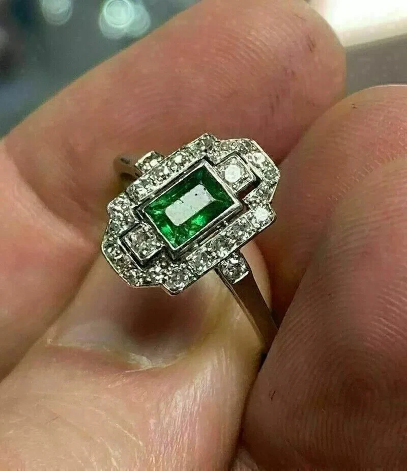 Anel de noivado feminino esmeralda verde natural 2,70 ct ouro branco 14K sólido - Imagem 2 de 4