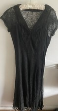 Vintage Black Lace Dress Maxi Short Sleeves Attached Nylon Slip
