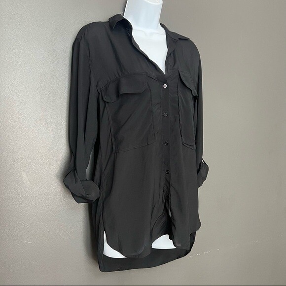 Zara Solid Black Button Down Shirt Front Pockets - image 1
