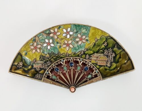 JAY STRONGWATER HAND FAN BOX MULTI-COLOR ENAMELED WITH SWAROVSKI CRYSTALS - Picture 1 of 7