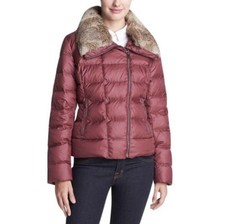 Tumi Womens Red Stockholm Down Puffer Jacket Detachable Rabbit Fur Collar Sz S