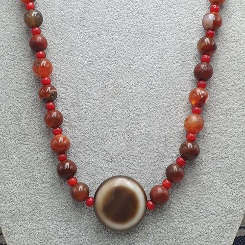 Vintage LukMik GoatEye Tibetan Agate & Carnelian Agate WhiteHeart Beads Necklace - Picture 22 of 24