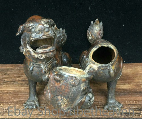 6.4" Old Chinese Bronze Gilt Dynasty Palace Feng Shui Foo Dog Lion Statue Censer - Picture 2 of 9