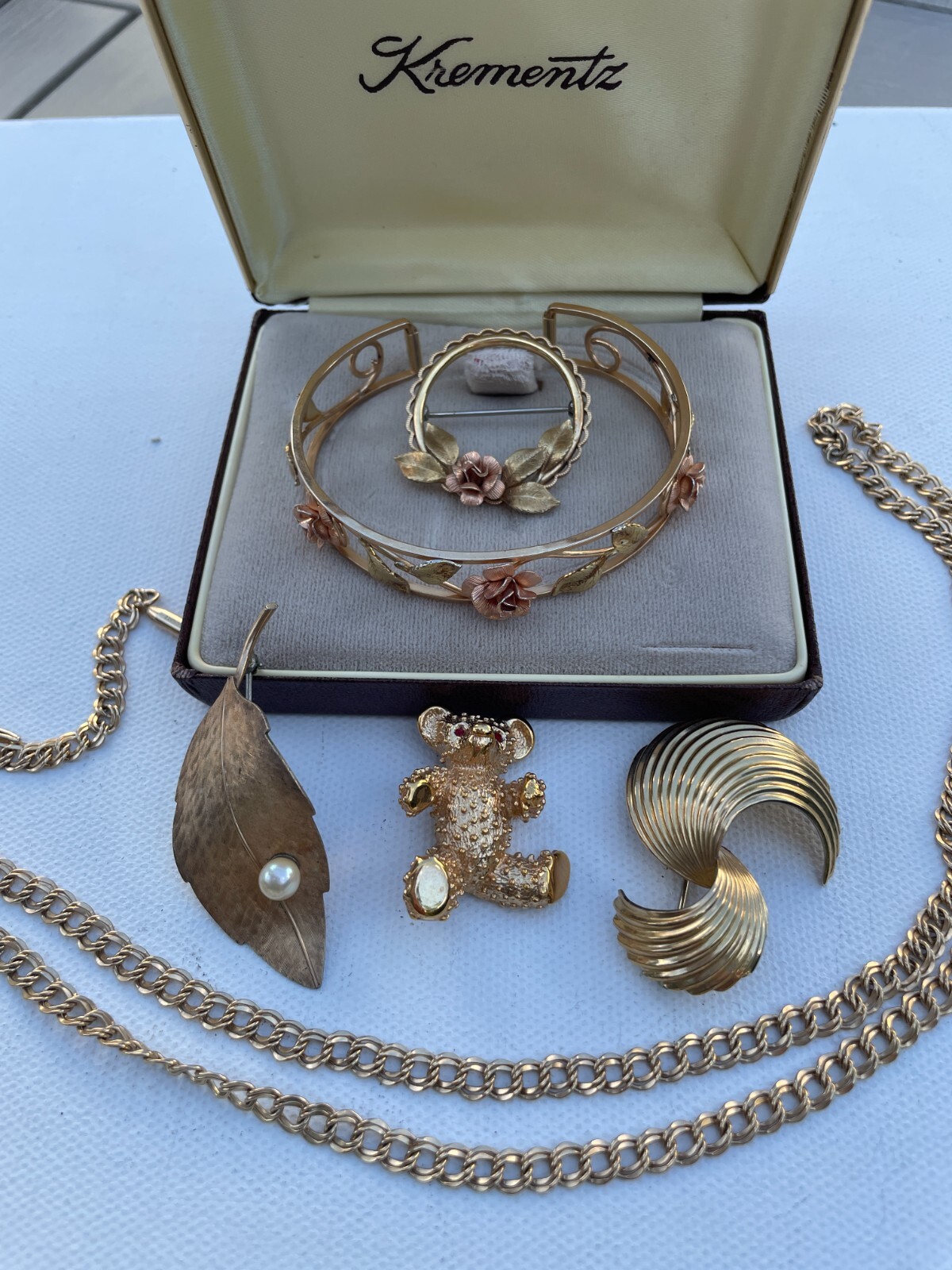 6 pcs Vtg Krementz Jewelry 14 Kt Gold Overlay Pin, 30" Chain, Rose Cuff Bracelet eBay