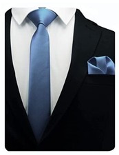 2.4" Slim Necktie and Handkerchief Set For Men Solid Skinny Tie Dusty Blue