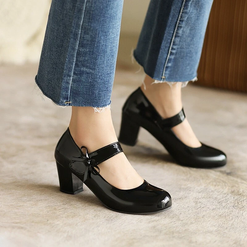 Womens Round Toe Chunky Heels Bow Ankle Strap Mary Janes Pumps Casual Shoes  Work