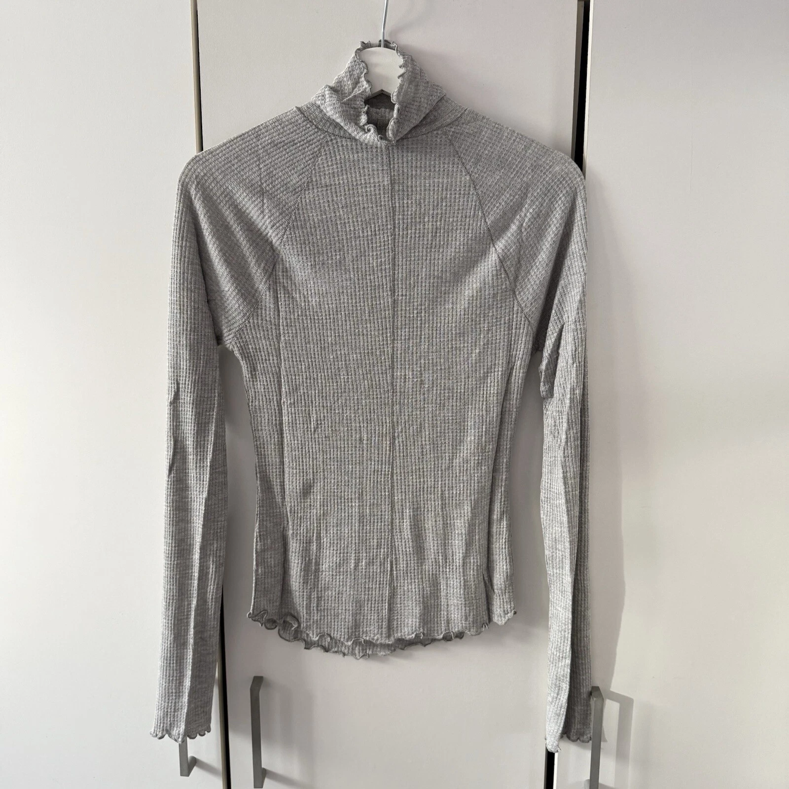 Free People Make It Easy Top Thermal Base Layer Frill Waffle Knit Size S Grey