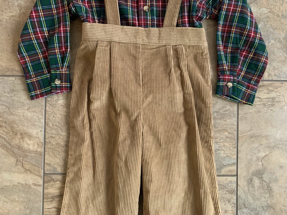 Pantalones de pana marrón Good Lad Boys 4T con tirantes y camisa a cuadros conjunto vacaciones Foto 3 de 4