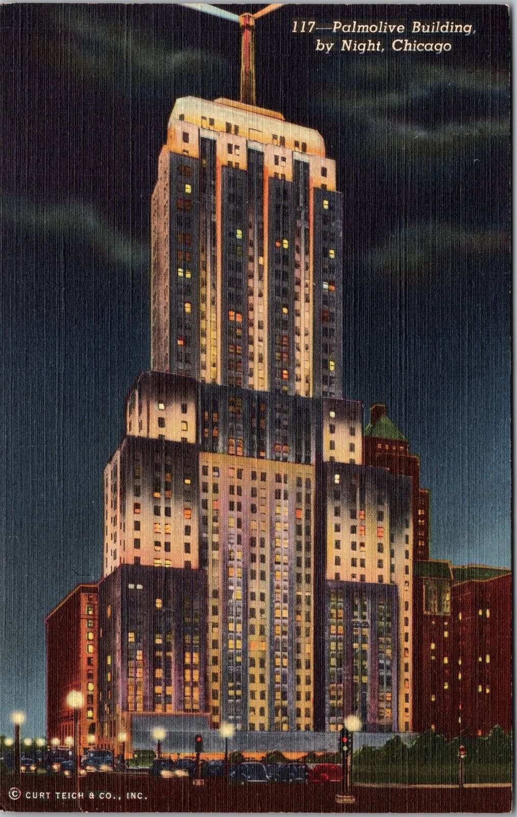 Chicago IL-Illinois, Palmolive Building By Night, Beacon Vintage Postcard