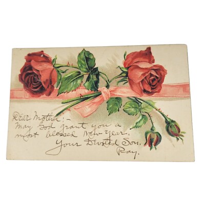 Antique Postcard 1908 European Embossed Red Roses Pink Bow 1c Posted Franklin 