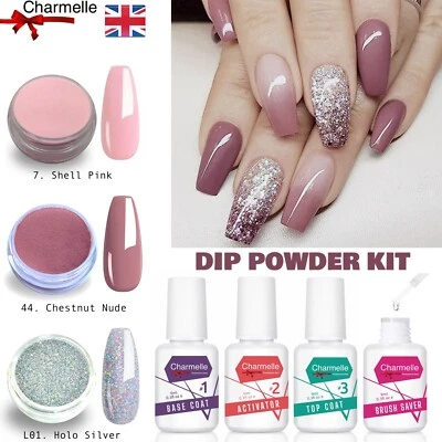 Nail Dipping Powder System Holographic Nude Pink 7 piece SET Starter Kit 9ml UK