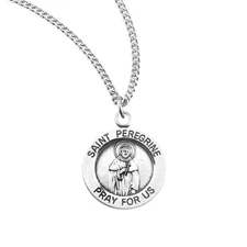 Patron Saint Peregrine Round Sterling Silver Medal Pendant Necklace, 18" Chain