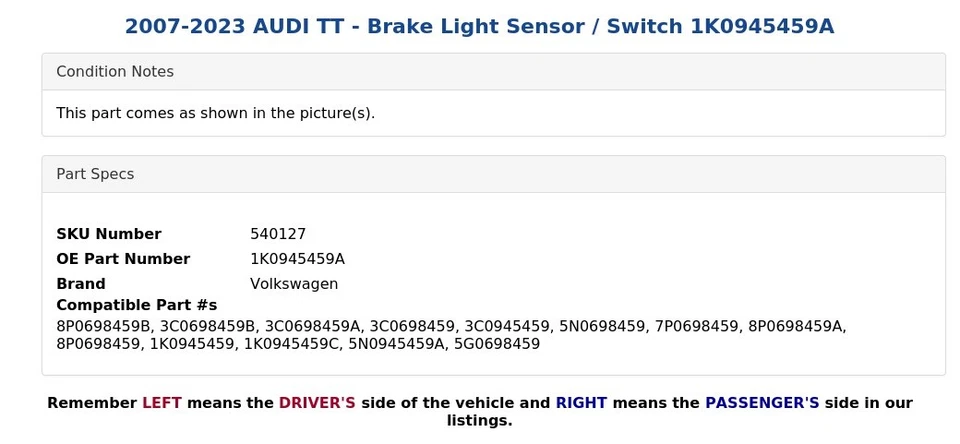 AUDI TT 2007-2023 - Sensor/interruptor de luz de freno 1K0945459A Foto 3 de 3