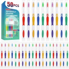 50 PCS Premium Individually Wrapped Bulk Toothbrush Pack Disposable Toothbrushes