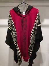 Handmade Ecuadorian Poncho Ruana NEW Never Worn Red Black Otavalo Fringed