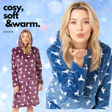 Women’s Hooded Lounger Nightie  Flannel Fleece Winter Warm Cosy Pocket sleepwear