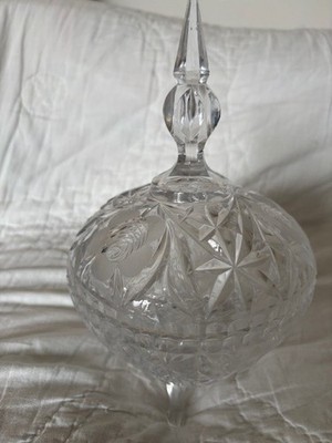 Vintage clear, faceted crystal candy dish with a lid and a rose design.