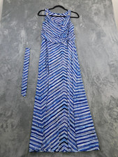 Calvin Klein Dress Womens XS Blue White Chevron Stripe Cowl Maxi Belted Coastal