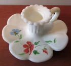 Vintage Kemple Milk Glass Hand Painted Floral Chamber Candle Holder 2 1/2" x 5"