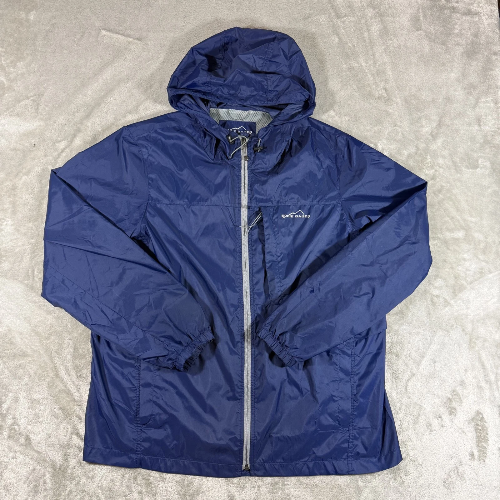 Eddie Bauer Rain Jacket Mens Large Blue Nylon Packable Good Full Zip Windbreaker