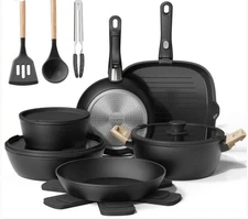 Bazova Ceramic Nonstick 19-Piece Cookware Set with Removable Handles - Black