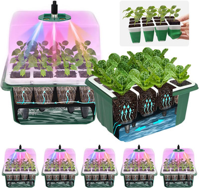 5PCS 60 Cell Self Watering Seed Starter Tray with Grow Light, Reusable Silicone