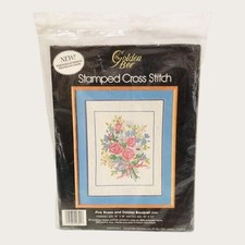 Golden Bee Stamped Cross Stitch Kit Pink Roses and Daisies Bouquet Granny Core