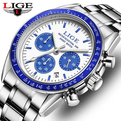 LIGE Men Chronograph Quartz Watch Stainless Steel Waterproof Sport