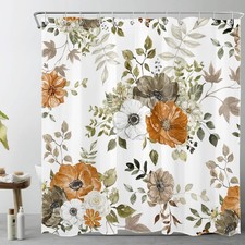 Grey and Orange Flower Shower Curtain for Bathroom,Autumn Country Plant Water...