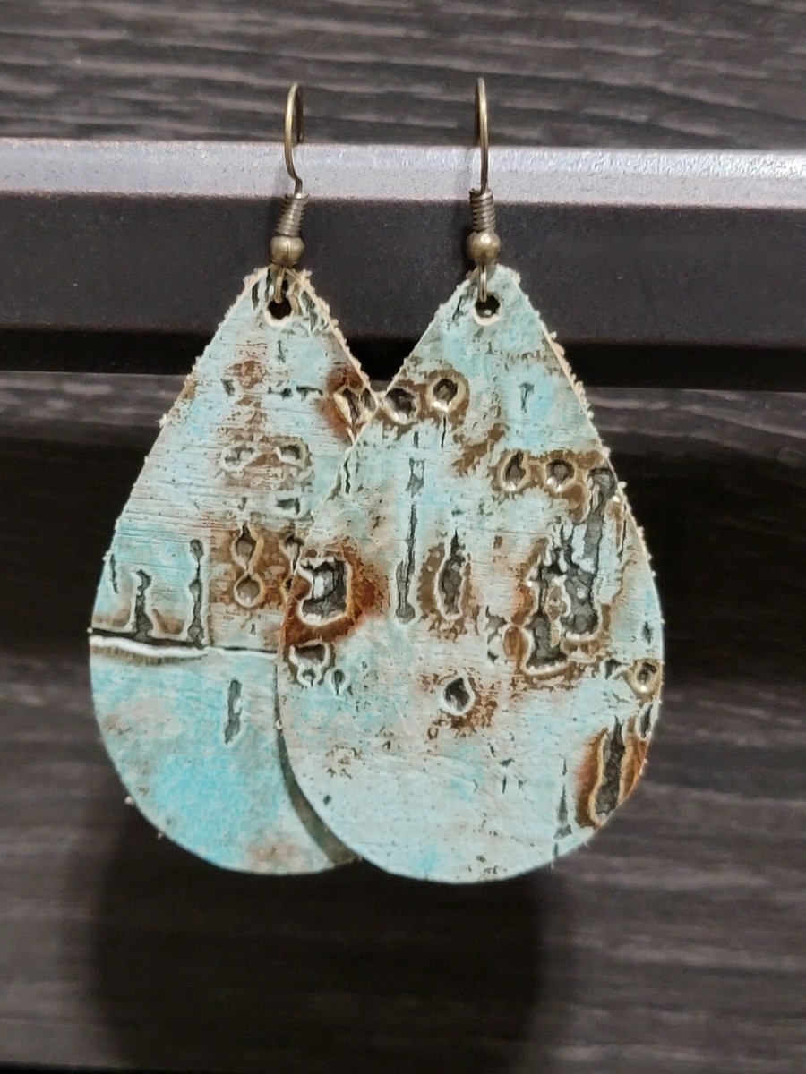GENUINE Leather Teardrop Earrings Turquoise Birch with  display picture 3