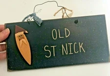 Vtg Wood Blue OLD ST NICK Wall Decor XMAS PLAQUE SIGN WOODEN Wire SANTA CLAUS