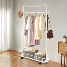 Metal Clothes Rack Coat Rack 4 Hooks Home Clothing Rack with Storage Shelf White