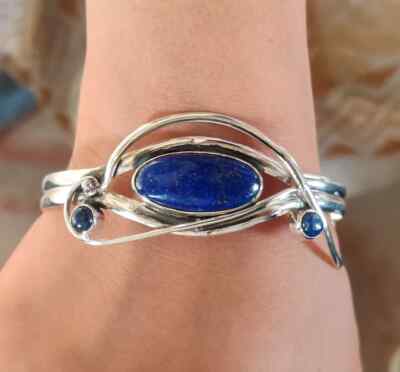 Beautiful Lapis Lazuli Gemstone 925 Silver Handmade Designer Woman Bangle SI09
