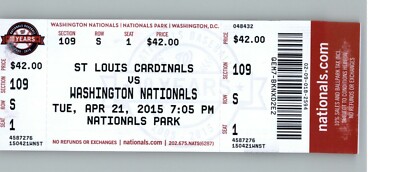 Cardinals vs Washington Nationals 4/22/2015 Full Ticket  - Ryan Zimmerman 2H/2R.