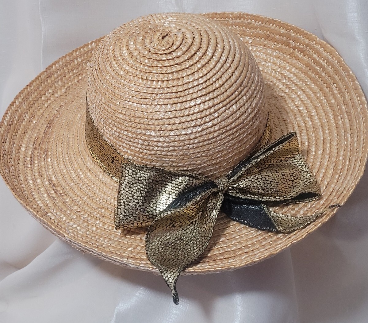 ?VTG STRAW HAT? Vintage Straw Hat with vinyl Black Ribbon Union Made 21.5  main image 2
