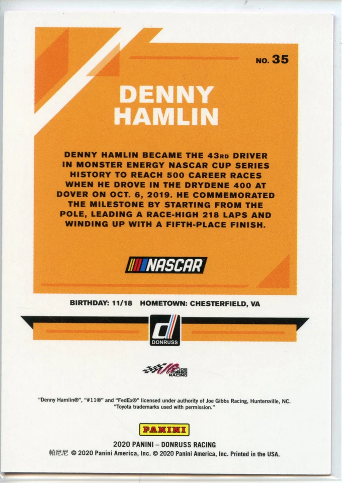 2020 Donruss PINK Parallel #35 Denny Hamlin #15/25 - Image 2 of 2