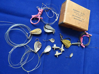 A VINTAGE WATCHMAKERS BOX + SELECTION OF HOGBACK TIGER FISH SPOONS + OTHER LURES