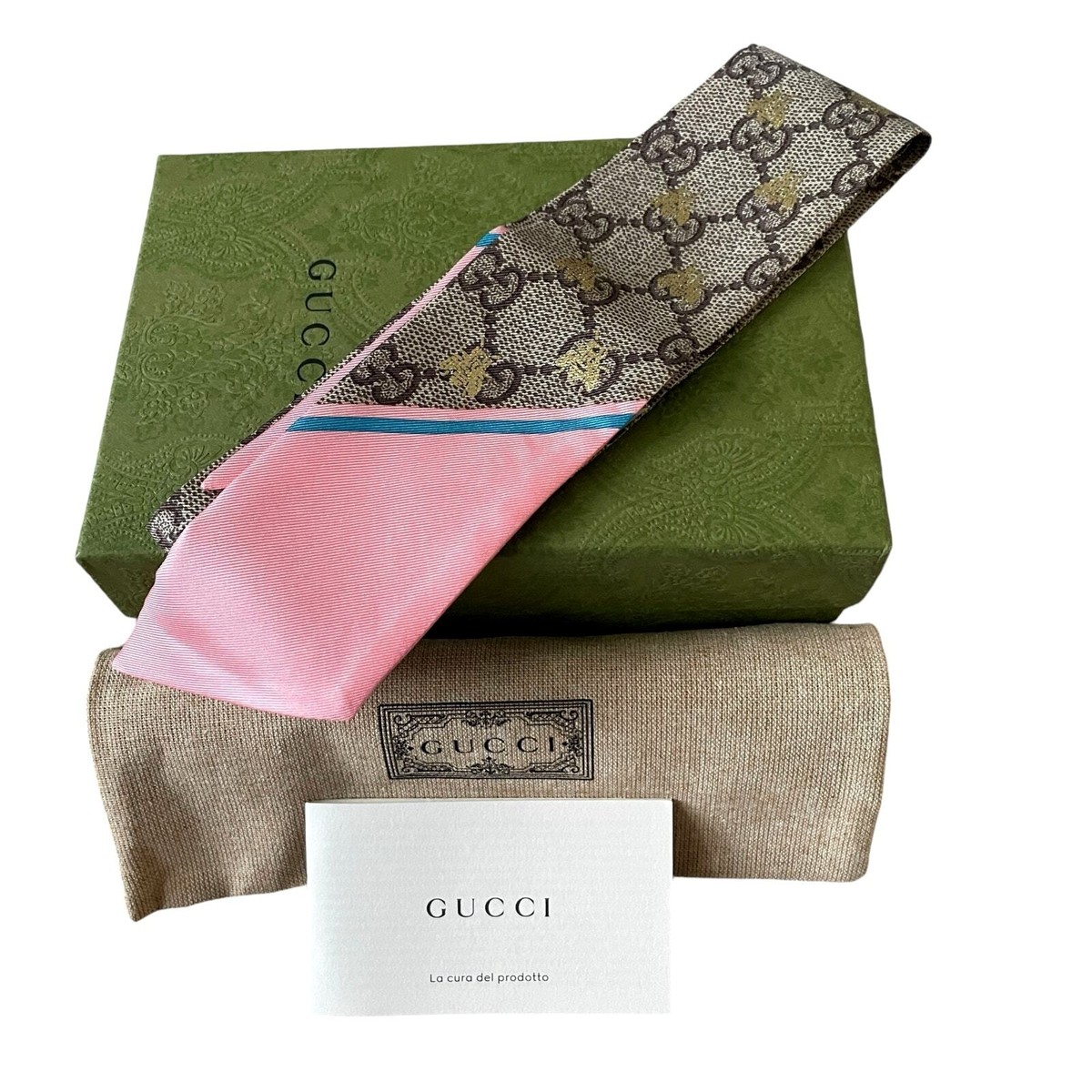 GUCCI GG Bees Motif Jacquard Silk Scarf Neck Bow Beige Pink GUCCI GG Bees Motif Jacquard Silk Scarf Neck Bow Beige Pink