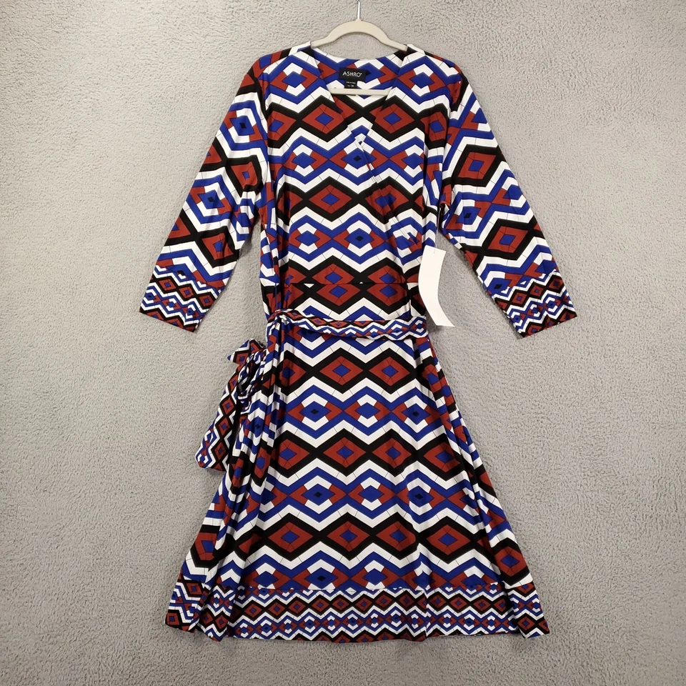 Vestido Mujer Talla 1X Rojo Azul Blanco Geométrico Cinturón Midi Elástico Foto 2 de 4