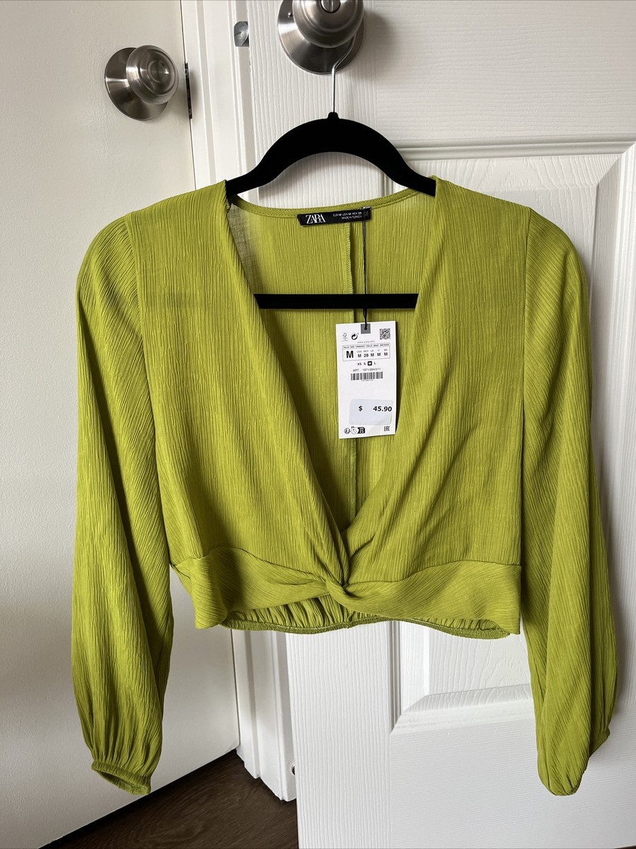 ZARA NEW WOMAN CROP TOP WITH KNOT GREEN V NECK LONG SLEEVE SIZE M