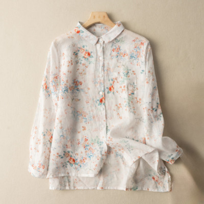 Women Floral Blouse Shirt Top Button Up Long Sleeve Ethnic Retro Casual Cute