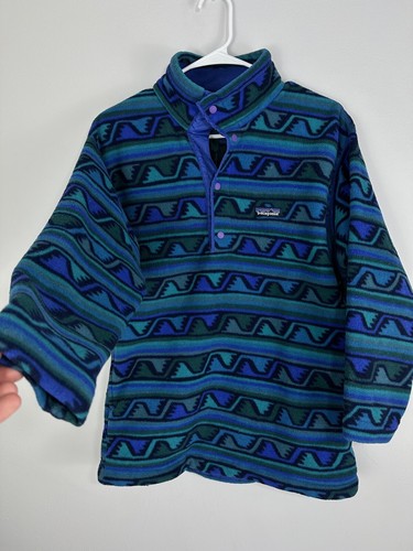 VTG Patagonia Kids Aztec Waves Fleece 1/4 Snap T Pullover Size 12 Made USA READ - Picture 5 of 18